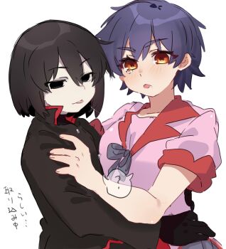 Rule 34 | 1boy, 1girl, :p, ?, \||/, after kiss, androgynous, arms around another's waist, black eyes, black gloves, black hair, black jacket, blush, bob cut, bow, bowtie, breasts, brown eyes, chinese commentary, collared shirt, commentary, dress shirt, empty eyes, eyelashes, face-to-face, gloves, grey bow, grey bowtie, grey skirt, hair between eyes, hand on another's shoulder, high collar, highres, hug, implied french kiss, jacket, kanbaru suruga, large breasts, long sleeves, monogatari (series), naoetsu high school uniform, oshino ougi, pale skin, pink shirt, pleated skirt, puffy short sleeves, puffy sleeves, purple hair, red trim, school uniform, shirt, short hair, short sleeves, simple background, skirt, speech bubble, spoken question mark, standing, summer uniform, tearing up, thick eyebrows, tomboy, tongue, tongue out, translated, tsugumi (tgm 615486), upper body, white background