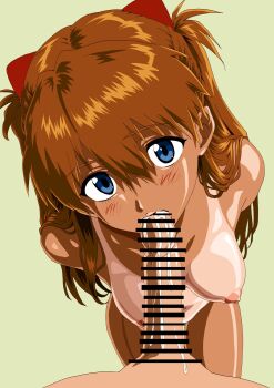 1boy 1girl bare_legs blue_eyes blush breasts brown_hair censored completely_nude cum cum_overflow fellatio hetero highres long_hair looking_at_another looking_at_viewer neon_genesis_evangelion nude oral penis pov souryuu_asuka_langley tan tanline twintails two_side_up wide_hips yuutaku