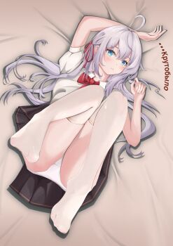 1girl absurdres ahoge alisa_mikhailovna_kujou arm_up bed_sheet black_skirt blue_eyes blush bow bowtie commentary_request dutch_angle eyelashes feet from_above full_body grey_hair hair_between_eyes hair_ribbon hair_spread_out hand_up highres knees_together_feet_apart long_hair looking_at_viewer lying miniskirt no_shoes on_back open_mouth panties pleated_skirt puffy_short_sleeves puffy_sleeves red_bow red_bowtie red_ribbon ribbon school_uniform shirt short_sleeves sidelocks skirt solo thighhighs thighs tokidoki_bosotto_roshia-go_de_dereru_tonari_no_alya-san underwear white_panties white_shirt white_thighhighs ying-skd710