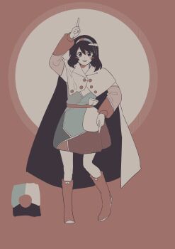 1girl absurdres arm_up black_eyes black_hair blue_dress blush boots brown_boots brown_dress cape commentary_request dress full_body hairband highres index_finger_raised leftame limited_palette looking_at_viewer manatsu_no_yo_no_inmu meme multicolored_clothes multicolored_hairband open_mouth patchwork_clothes short_hair smile solo tenkyuu_chimata touhou white_cape yjsnpi_interview_(meme)