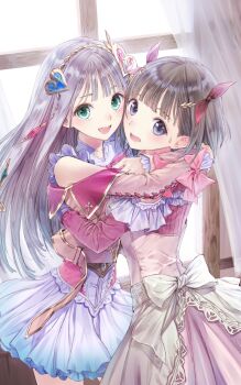 Rule 34 | 2girls, :d, atelier (series), atelier lulua, atelier resleriana, bare shoulders, blue eyes, blunt bangs, blush, brown hair, cowboy shot, curtains, dress, elmerulia frixell, eva armster, gradient clothes, gradient skirt, green eyes, grey hair, hair ribbon, highres, hug, indoors, jacket, kishida mel, long hair, long sleeves, looking at viewer, multiple girls, non-web source, official art, open mouth, pink dress, pink jacket, ribbon, short hair, skirt, smile, white skirt, window