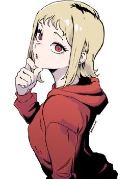 Rule 34 | 1girl, blonde hair, chainsaw man, hand on own chin, highres, hood, hoodie, open mouth, rajaie101, red eyes, red hoodie, sawatari akane (chainsaw man), sidelocks, simple background, slit pupils, solo, white background