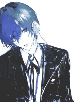 1boy absurdres black_jacket blue_eyes blue_hair closed_mouth collared_shirt gekkoukan_high_school_uniform hair_over_one_eye headphones highres jacket long_sleeves looking_at_viewer male_focus pale_skin persona persona_3 persona_3_portable persona_3_reload school_uniform shirt short_hair solo white_background wu1kou yuuki_makoto_(persona_3)