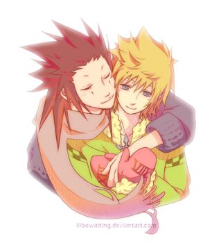 Rule 34 | 2boys, alternate costume, arm around neck, axel (kingdom hearts), blonde hair, blue eyes, blue sweater, checkered clothes, cheek-to-cheek, closed eyes, commentary, couple, deviantart username, english commentary, facial mark, green jacket, heads together, hug, hug from behind, illbewaiting, jacket, kingdom hearts, kingdom hearts ii, looking down, male focus, medium hair, mittens, multiple boys, pink mittens, red hair, roxas, scarf, short hair, simple background, smile, spiked hair, sweater, upper body, white background, winter clothes, yaoi