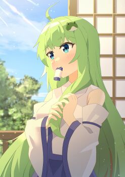 1girl absurdres blue_eyes blue_skirt blue_sky blush breasts chinese_commentary closed_mouth commentary_request day detached_sleeves frog_hair_ornament green_hair hair_ornament hand_in_own_hair highres kochiya_sanae long_hair mouth_hold sdftehn skirt sky smile solo touhou very_long_hair