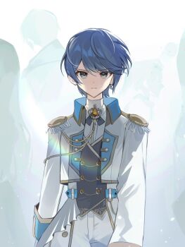 1girl 8_utauyo aiguillette androgynous black_hair black_vest brooch buttons closed_mouth commentary_request cowboy_shot cropped_jacket double-breasted epaulettes expressionless gem grey_eyes high_collar hoshino_ichika_(project_sekai) jacket jewelry korean_commentary lapels long_hair long_sleeves looking_at_viewer military_jacket military_uniform official_alternate_color official_alternate_costume official_alternate_hair_length official_alternate_hairstyle open_clothes open_jacket orange_gem ouji_fashion pants project_sekai relax_teatime_(project_sekai) reverse_trap shirt short_hair sidelocks solo standing straight-on swept_bangs very_short_hair vest walking white_jacket white_pants white_shirt