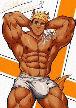 1boy abs absurdres animal_ears armpits arms_behind_head artist_name balo_dqx_ff14 bara black_hair blonde_hair bulge character_name closed_mouth commentary_request dark-skinned_male dark_skin golden_ryder_(xxl) green_eyes highres horse_boy horse_ears horse_tail large_bulge large_pectorals looking_at_viewer male_focus multicolored_hair muscular muscular_male navel_hair nipples pectorals short_hair short_shorts shorts solo tail thick_eyebrows thick_thighs thighs two-tone_hair white_shorts xxl_woofia