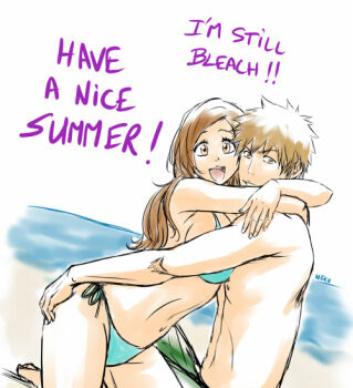 Rule 34 | 1boy, 1girl, 2018, arms around another's neck, artist name, beach, bikini, bleach, breasts, brown eyes, commentary, english text, happy, hetero, inoue orihime, japanese commentary, kurosaki ichigo, large breasts, long hair, looking at viewer, navel, nekosaiko, ocean, open mouth, orange hair, sand, short hair, spiked hair, stomach, string bikini, swimsuit, topless male, water