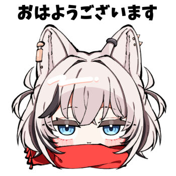 Rule 34 | 1girl, :3, animal ear piercing, animal ears, black streaks, blue eyes, blush, closed mouth, commentary request, cropped head, dog ears, dog girl, grey hair, kazutarou (0716), kmnz, red scarf, scarf, short hair, simple background, smile, solo, tina (kmnz), translation request, virtual youtuber, white background