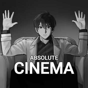 :| absolute_cinema_(meme) black_hair black_shirt chair closed_mouth coat collared_shirt double-parted_bangs english_text expressionless greyscale hair_between_eyes hands_up kim_dokja looking_at_viewer lounge_chair meme monochrome omniscient_reader's_viewpoint open_clothes open_coat parody shirt short_hair sitting taotaille white_coat