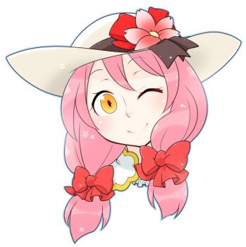 Rule 34 | 1girl, arch bishop (ragnarok online), blush, bow, closed mouth, commentary request, flower, hair bow, hat, hat flower, long hair, looking at viewer, oekakipikki, one eye closed, pink flower, pink hair, portrait, ragnarok online, red bow, simple background, smile, solo, sun hat, white background, white hat, yellow eyes