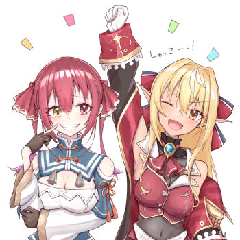 2girls ;d arm_under_breasts arm_up ascot bare_shoulders black_coat black_gloves blonde_hair blush bow breasts brooch cleavage clenched_hand clothing_cutout coat commentary_request cosplay costume_switch cropped_jacket dark-skinned_female dark_skin detached_collar detached_sleeves eihire elf finger_to_cheek fist_pump gloves gold_buttons gold_trim grin hair_bow hair_ribbon heterochromia highres hololive houshou_marine houshou_marine_(1st_costume) houshou_marine_(cosplay) jacket jewelry leotard leotard_under_clothes long_hair long_sidelocks looking_at_another mandarin_collar medium_breasts multicolored_hair multiple_girls off_shoulder one_eye_closed open_mouth pointy_ears purple_eyes raised_eyebrow red_ascot red_eyes red_hair red_jacket red_ribbon ribbon see-through_cleavage see-through_clothes see-through_leotard shiranui_flare shiranui_flare_(cosplay) shiranui_flare_(old_design) shoulder_cutout sidelocks sideways_glance simple_background sleeveless sleeveless_jacket smile strapless streaked_hair twintails virtual_youtuber white_background white_gloves wide_sleeves yellow_eyes