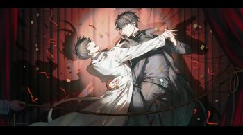 2boys absurdres belt black_border black_coat black_eyes black_hair black_pants black_shirt border closed_eyes closed_mouth coat collared_shirt confetti curtains dancing hair_between_eyes hand_on_another&#039;s_waist highres holding holding_hands holding_rope horns kim_dokja letterboxed long_sleeves looking_at_another male_focus multiple_boys omniscient_reader&#039;s_viewpoint pants papercider popped_collar rope shadow shirt short_hair smile stage stage_curtains white_coat wings yoo_joonghyuk