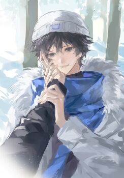 1boy absurdres black_hair black_shirt blue_eyes blue_scarf blush chinese_commentary coat commentary_request crossed_bangs fur-trimmed_coat fur_trim hair_between_eyes hand_on_another&#039;s_cheek hand_on_another&#039;s_face hand_on_another&#039;s_hand hat highres hood identity_v jacket jewelry looking_at_viewer male_focus naib_subedar naib_subedar_(oph.naib) outdoors pov pov_hands ring scarf shirt short_hair smile solo stitched_mouth stitches upper_body white_coat white_hat yi_kuan_pp