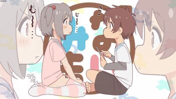 2boys :t annoyed artist_name bambi2000line bare_arms barefoot black_shorts blush brown_eyes brown_hair commentary crossdressing crossdressing_(mtf) eye_contact feet from_side grey_hair hair_bobbles hair_ornament highres holding holding_phone indian_style layered_sleeves long_sleeves looking_at_another male-female_symbol male_focus multiple_boys no_pants no_shoes notice_lines one_side_up onii-chan_wa_oshimai! phone pout profile sakurada_yuuta senkawa_minato short_over_long_sleeves short_sleeves shorts shota sitting striped_clothes striped_thighhighs thighhighs toes translated trap wariza zoom_layer