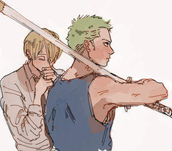 2boys blonde_hair green_hair male_focus multiple_boys one_piece roronoa_zoro sanji_(one_piece) simple_background skypiea