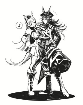 2girls animal_ears armband blunt_bangs boots bow bowtie breasts closed_mouth coat dress ear_bow ears_through_headwear fenomeno_(black_flames_of_the_righteous_spirit)_(umamusume) fenomeno_(umamusume) flipped_hair frown gloves gold_ship_(red_strife)_(umamusume) gold_ship_(umamusume) greyscale hat highres horse_ears horse_girl horse_tail horseshoe_hat_ornament horseshoe_ornament jacket leggings long_hair long_sleeves medium_breasts monochrome multiple_girls musical_note ohayonabeno pants pantyhose peaked_cap pillbox_hat shirt simple_background sleeveless sleeveless_dress smile speech_bubble spoken_musical_note striped_armband striped_clothes sweatdrop tail umamusume white_background