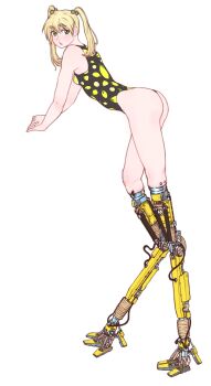 10tile 1girl absurdres ass bare_arms bare_legs bare_shoulders bent_over black_one-piece_swimsuit blonde_hair breasts commentary food_print fruit_print full_body green_eyes highres ibarazaki_emi joints katawa_shoujo lemon_print looking_at_viewer mechanical_legs one-piece_swimsuit open_mouth prosthesis prosthetic_leg reverse-jointed_legs robot_joints simple_background small_breasts solo standing swimsuit twintails white_background