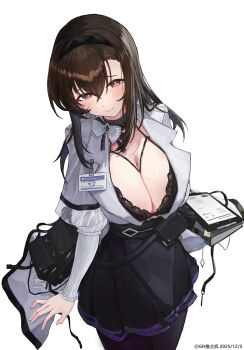 Rule 34 | 1girl, absurdres, arknights, black bra, black eyes, black hairband, black pantyhose, black skirt, bra, breasts, brown hair, cleavage, coat, commentary request, dated, gn tuituji, grey coat, hairband, highres, huge breasts, id card, long hair, looking at viewer, pantyhose, priestess (arknights), simple background, skirt, smile, solo, underwear, white background