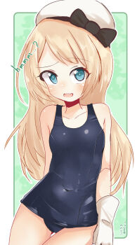1girl black_one-piece_swimsuit blonde_hair blue_eyes commentary_request covered_navel flat_chest gloves green_background hat highres jervis_(kancolle) kantai_collection long_hair mf_u_c old_school_swimsuit one-hour_drawing_challenge one-piece_swimsuit sailor_hat school_swimsuit solo swimsuit thigh_gap white_gloves white_hat
