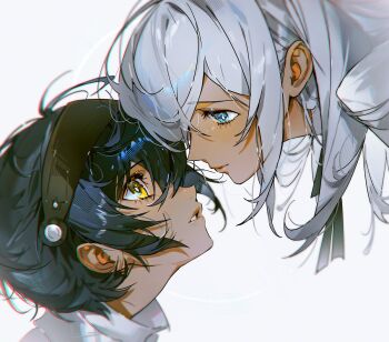 2boys androgynous blue_eyes blue_hair dark-skinned_male dark_skin eyelashes hair_behind_ear hairband male_focus metal_hairband metaphor:_refantazio multiple_boys parted_hair parted_lips profile protagonist_(metaphor:_refantazio) shirt simple_background teeth the_prince_(metaphor:_refantazio) themoonrabbit white_background white_hair white_shirt yellow_eyes