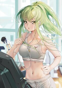 1boy 1girl absurdres alternate_hairstyle bare_arms bare_shoulders black_hair blush breasts budgiepon c.c. code_geass collarbone commentary crop_top crossed_bangs earbuds earphones exhausted floating_hair giving_up_the_ghost green_hair gym hair_between_eyes highres indoors leaning_forward lelouch_vi_britannia long_hair looking_afar looking_at_viewer medium_breasts midriff navel nose open_mouth parted_lips ponytail running scar shirt short_hair short_sleeves sidelocks signature solo_focus sports_bra stomach sweat upper_body white_shirt yellow_eyes