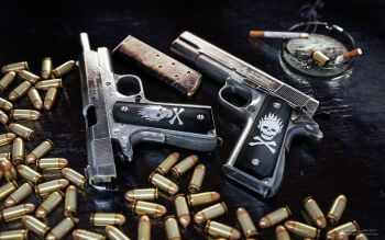.45_acp 2013 3d alexander_yartsev ammunition artist_name ashtray blurry bone_print bullet cartridge cigarette cigarette_butt commentary dark_background deviantart_username english_commentary english_text fire flaming_skull gun handgun handgun_cartridge highres locked_slide logo m1911 magazine_(weapon) military_cartridge no_humans pistol_cartridge place_name screw shell_casing skull skull_and_crossbones skull_print smoke still_life watermark weapon weapon_focus web_address witness_holes world_of_guns:_gun_disassembly