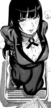 Rule 34 | 1girl, blazer, blush, breasts, breath, collar, collared shirt, from above, full body, furrowed brow, highres, hyakkaou academy school uniform, ireading, jabami yumeko, jacket, kakegurui, large breasts, long hair, looking at viewer, pantyhose, parted lips, school uniform, shirt, smile, solo, sweat