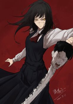 black_dress black_hair chainsaw_man commentary_request dress guro highres long_hair morinosuke pinafore_dress scar scar_on_face school_uniform severed_head shirt sleeveless sleeveless_dress spine_sword white_shirt yellow_eyes yoru_(chainsaw_man)