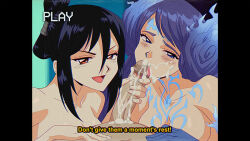 Rule 34 | 1boy, 2girls, :d, black hair, blue eyes, blue gloves, blue hair, breasts, brighid (xenoblade), brown eyes, commentary, commission, completely nude, cum, cum in mouth, dirty ero, english commentary, english text, fellatio, ffm threesome, gloves, group sex, handjob, hetero, large breasts, licking, licking penis, long hair, looking at viewer, morag ladair (xenoblade), multiple girls, nude, open mouth, oral, penis, pov, retro artstyle, smile, threesome, uncensored, v-shaped eyebrows, very long hair, xenoblade chronicles (series), xenoblade chronicles 2