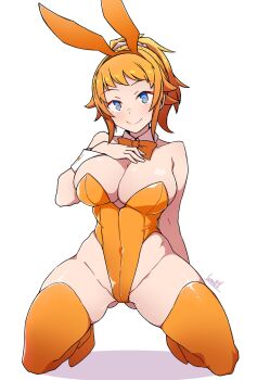 1girl animal_ears batta_16-sei blue_eyes bow bowtie breasts cleavage closed_mouth commentary_request fake_animal_ears gundam gundam_build_fighters hand_on_own_chest highleg highleg_leotard highres hoshino_fumina kneeling large_breasts leotard looking_at_viewer orange_bow orange_bowtie orange_hair orange_leotard orange_thighhighs playboy_bunny ponytail rabbit_ears signature simple_background smile solo strapless strapless_leotard thighhighs white_background white_wrist_cuffs wrist_cuffs