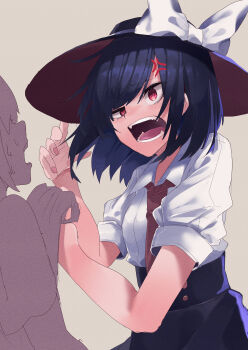 Rule 34 | 1girl, 1other, absurdres, ambiguous gender, anger vein, angry, black hair, black hat, black skirt, bow, collar, delinquent, grey background, hat, hat bow, highres, muraryo, nail polish, necktie, open mouth, red nails, shirt, short hair, short sleeves, simple background, skirt, sleeve cuffs, sweat, swept bangs, touhou, usami renko, white bow, white collar, white shirt, wide brim