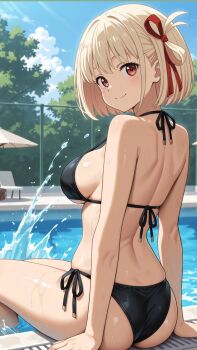 1girl ai-assisted ass bikini black_bikini blonde_hair blue_sky bob_cut breasts cloud day highres large_breasts looking_at_viewer lycoris_recoil navel nishikigi_chisato outdoors pool poolside red_eyes red_ribbon ribbon short_hair sideboob sitting sky smile solo sunlight swimsuit teeth thigh_gap thigh_strap thighs water wide_hips