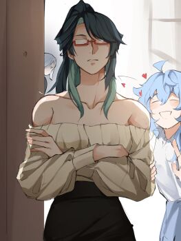 Rule 34 | 3girls, :d, ^ ^, alternate costume, bare shoulders, black hair, blue hair, blush, closed eyes, cloud retainer (genshin impact), collarbone, colored inner hair, commentary, crossed arms, doorway, ganyu (genshin impact), genshin impact, glasses, green hair, grey hair, heart, highres, long sleeves, multicolored hair, multiple girls, off-shoulder sweater, off shoulder, open mouth, pov doorway, red-framed eyewear, shenhe (genshin impact), shirt, smile, sweater, tapeanna, upper body, white shirt, xianyun (genshin impact), yuri