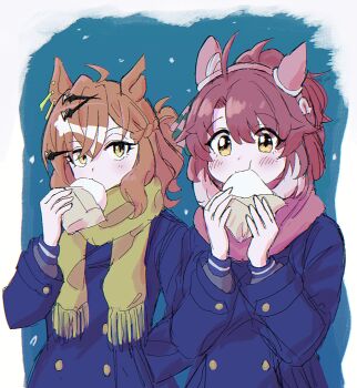 2girls ahoge animal_ears blue_coat blush bow brown_eyes brown_hair buttons checkered_ribbon coat commentary_request dantsu_flame_(umamusume) double-breasted ear_covers ear_ribbon eating food food_in_mouth hair_between_eyes hair_ornament hairclip headband highres holding holding_food horse_ears horse_girl jungle_pocket_(umamusume) long_sleeves medium_hair multicolored_hair multiple_girls notched_ear pink_headband pink_scarf sanayama_(thou_uoht) scarf school_uniform steamed_bun tracen_school_uniform tracen_winter_coat umamusume white_hair winter_clothes winter_coat winter_uniform yellow_eyes yellow_scarf