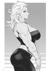 Rule 34 | 1girl, absurdres, breasts, commentary, cowboy shot, dorohedoro, from side, greyscale, highres, large breasts, medium hair, midriff, monochrome, muscular, muscular female, noi (dorohedoro), pants, profile, smile, solo, speedl00ver, strapless, tube top