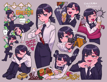 1girl 1other 2boys absurdres aiming apron arm_up arms_behind_back arrow_(symbol) black_apron black_bow black_bowtie black_footwear black_hair black_jacket black_necktie black_pants blood bloody_weapon bound bow bowtie burger burger_malfunction chainsaw chainsaw_devil chainsaw_man collared_shirt crying dancing denji_(chainsaw_man) double_v food food_on_face formal_clothes french_fries grey_background gun hair_ornament hairclip hand_on_own_face handstand higashiyama_kobeni highres holding holding_food holding_gun holding_ice_cream holding_knife holding_weapon hugging_own_legs ice_cream ice_cream_cone intestines jacket knife kobeni's_car_(chainsaw_man) leg_up looking_at_another looking_at_viewer looking_to_the_side medium_hair mole mole_under_eye mole_under_mouth multiple_boys multiple_moles necktie nervous_sweating one_arm_handstand open_mouth osakechan0 pants plague_doctor_mask pointing pointing_at_viewer ponytail sad shirt shirt_tucked_in short_ponytail simple_background single_sidelock solo_focus spill suit suit_jacket sweat swept_bangs tearing_up tears tongue tongue_out tripping v violence_fiend_(chainsaw_man) weapon white_shirt