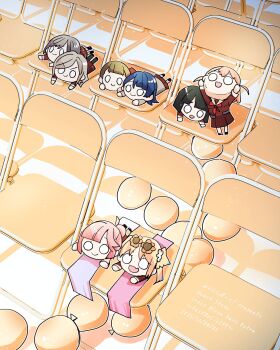 5th_live_tour_~4pair_power_spread!!!!~ 6+girls :d ahoge anyoji_hime balloon black_hair blonde_hair blue_hair brown_dress brown_hair ceras_yanagida_lilienfeld chair character_doll commentary_request dated doll dollchestra dress edel_note eyewear_on_head folding_chair grey_hair hasu_no_sora_school_uniform highres hinoshita_kaho kachimachi_kosuzu kanduki_kamibukuro katsuragi_izumi link!_like!_love_live! long_sleeves love_live! momose_ginko multi-tied_hair multiple_girls murano_sayaka neckerchief nesoberi open_mouth orange_hair osawa_rurino pink_hair red_neckerchief sailor_collar sailor_dress school_uniform smile sunglasses translation_request twintails two_side_up virtual_youtuber white_sailor_collar winter_uniform