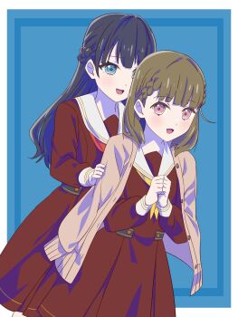 Rule 34 | 2girls, :d, black bow, black hair, blue eyes, borrowed clothes, bow, braid, brown cardigan, brown dress, brown hair, cardigan, cardigan on shoulders, center-flap bangs, clenched hands, clothes grab, commentary, dollchestra, dress, hair bow, half up braid, half updo, hasu no sora school uniform, highres, kachimachi kosuzu, link! like! love live!, long hair, long sleeves, looking at viewer, love live!, medium dress, multiple girls, murano sayaka, myrain56991013, open cardigan, open clothes, open mouth, own hands together, pleated dress, sailor collar, sailor dress, school uniform, side ahoge, side braids, sleeve grab, sleeves past wrists, smile, virtual youtuber, white sailor collar, winter uniform