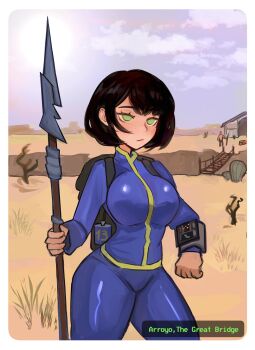1girl black_hair doggyawoo fallout fallout_2 green_eyes medium_hair player_character polearm spear tribal vault_boy vault_girl vault_suit wasteland weapon