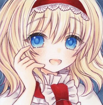 Rule 34 | 1girl, alice margatroid, blonde hair, blue eyes, blush, capelet, commentary request, frilled hairband, frills, hairband, lolita hairband, looking at viewer, marker (medium), open mouth, red hairband, smile, solo, touhou, traditional media, white capelet, yuuki hana (jtnp5334)