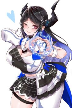 Rule 34 | 1girl, alternate costume, asymmetrical horns, asymmetrical legwear, blush, breasts, cleavage, cowboy shot, demon horns, heart, heart hands, highres, hololive, hololive english, horns, jailbird (nerissa ravencroft), kivo, large breasts, mole, mole under eye, navel, nerissa ravencroft, one eye closed, purple eyes, simple background, solo, uneven horns, virtual youtuber, white background