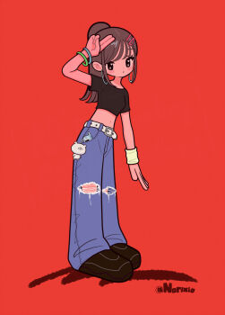 1girl arm_up artist_name belt black_shirt black_shoes blue_pants blush_stickers bracelet brown_hair closed_mouth commentary crop_top denim english_commentary full_body hair_between_eyes hair_ornament hairclip highres hoop jeans jewelry long_hair looking_at_viewer norixio original pants ponytail red_background salute shadow shirt shoes simple_background solo torn_clothes torn_jeans torn_pants two-finger_salute white_belt wispy_bangs wristband