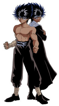 1boy bandaged_arm bandages black_hair black_pants hiei4455 hiei_(yu_yu_hakusho) male_focus multiple_views pants red_eyes solo spiked_hair topless_male white_background yuu_yuu_hakusho