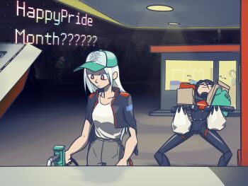 2girls 3boys adapted_costume android ariane_yeong bag black_hair can casual convenience_store doom_(series) doomguy elster_(signalis) english_text flying_sweatdrops forest gas_can gas_station groceries grocery_bag highres holding holding_bag holding_can implied_yuri jacket lgbt_pride maskonions meme multiple_boys multiple_girls myhouse.wad nature night open_clothes open_jacket paper_bag plastic_bag pride_month pump red_eyes refueling shop shopping_bag signalis sky struggling white_hair women_want_me_fish_fear_me_(meme)