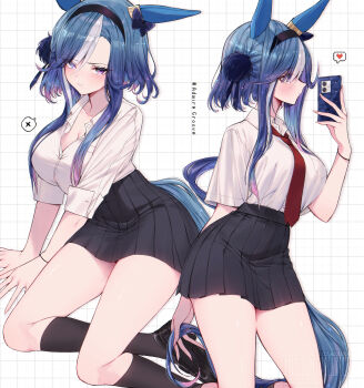 1girl absurdres admire_groove_(umamusume) alternate_costume animal_ears breasts character_name commentary_request ear_covers grid_background heterochromia highres horse_ears horse_girl horse_tail mole mole_under_mouth multicolored_hair solo streaked_hair tail tetora_(oudonoishiize) umamusume white_streaks