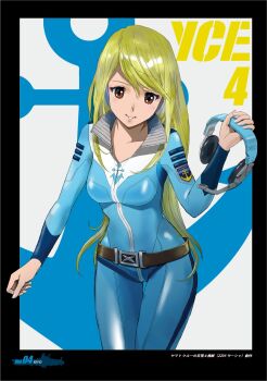 1girl anchor_symbol belt black_belt black_border blonde_hair blue_bodysuit bodysuit border breasts brown_eyes commentary_request cowboy_shot hand_up headphones headset highres holding holding_headphones kiyo_(joe) long_hair medium_breasts outside_border parted_lips sasha_(uchuu_senkan_yamato) smile solo standing thigh_gap uchuu_senkan_yamato_2205:_arata_naru_tabidachi unworn_headphones very_long_hair