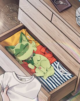 1other animal_collar artist_name black_shirt blush collar commentary drawer folded_clothes full_body happy highres holding holding_shirt holding_unworn_clothes indoors kaminokefusa key keyring lace-trimmed_collar lace_trim lying nintendo on_side open_drawer orange_shirt pawpads pokemon pokemon_(creature) pokemon_focus pov pov_hands shirt sleeping smile sprigatito striped_clothes striped_shirt two-tone_shirt unworn_shirt watermark white_shirt yellow_shirt