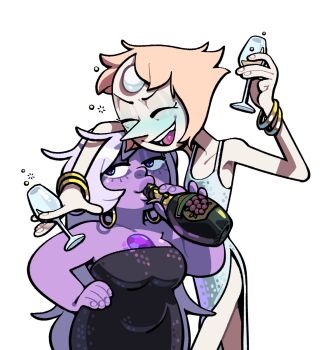 alcohol alternate_costume amethyst_(steven_universe) bangle blush bottle bracelet breasts chest_jewel closed_eyes colored_skin cup discount-supervillain dress drinking drunk earrings eyelashes forehead_jewel formal_clothes gem glass highres holding holding_bottle holding_cup hoop_earrings jewelry long_hair medium_breasts multiple_girls open_mouth pearl_(species)_(steven_universe) pearl_(steven_universe) plump pointy_nose purple_gemstone purple_skin skinny sleeveless sleeveless_dress smile spaghetti_strap steven_universe strapless strapless_dress wine wine_bottle
