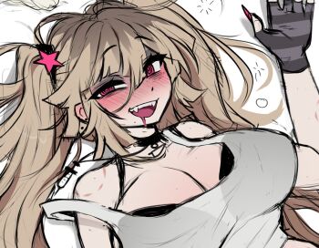 1girl bite_mark bite_mark_on_shoulder black_bra black_choker blonde_hair blush bra breasts choker cleavage commentary dokidomiki drunk english_commentary fangs grey_tank_top hair_between_eyes hair_ornament large_breasts long_hair miki_(dokidomiki) mole mole_under_mouth open_mouth original pink_eyes simple_background smile solo squeans star_(symbol) star_hair_ornament tank_top underwear upper_body white_background